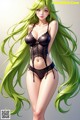 A woman with long green hair wearing a black lingerie.