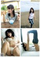 A collage of photos of a woman in a bikini and jeans.