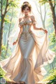 A woman in a wedding dress standing in the woods.