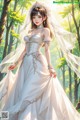 A woman in a wedding dress standing in the woods.