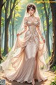 A woman in a wedding dress standing in the woods.