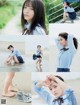 A collage of photos of a girl in a school uniform.