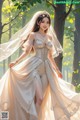 a woman in a wedding dress standing in the woods