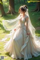 A woman in a wedding dress standing in the woods.