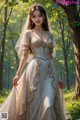 A woman in a wedding dress standing in the woods.
