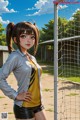 A woman standing in front of a soccer goal.